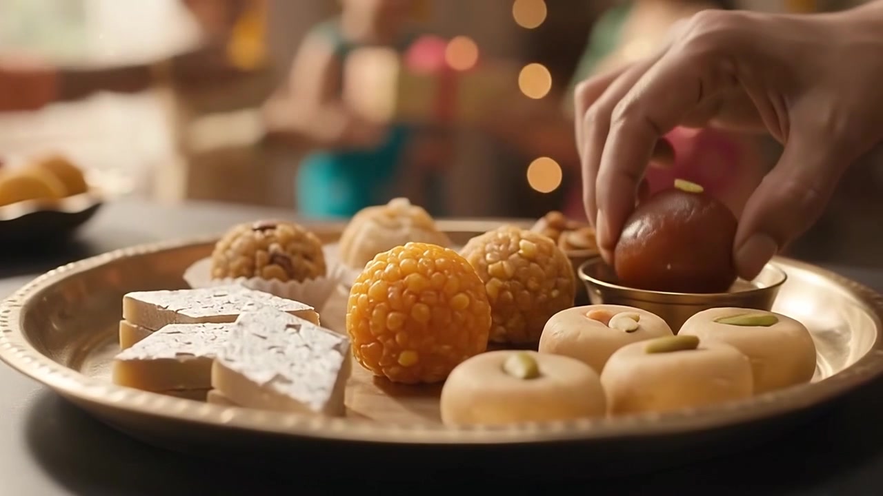 Hand Arranging Traditional Indian Sweets on a Brass Plate
