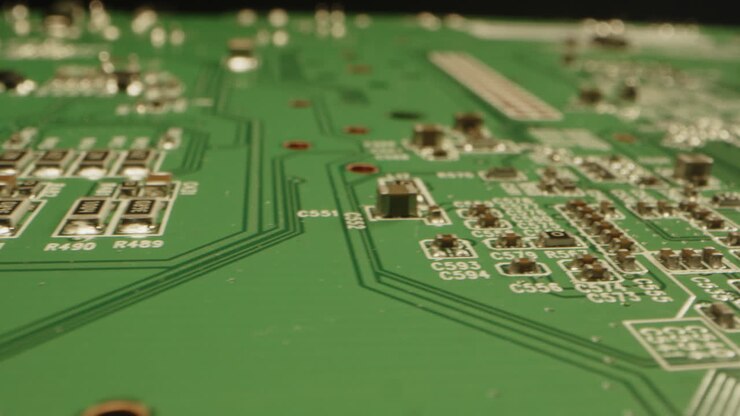 Splendida macro di un circuito stampato pulito in uno studio buio