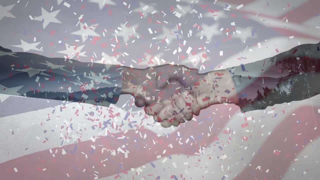 animación de confeti cayendo sobre la bandera estadounidense y el apretón de manos de un hombre de negocios