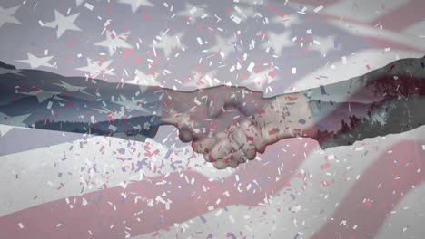 animation of confetti falling over american flag and businessman handshake