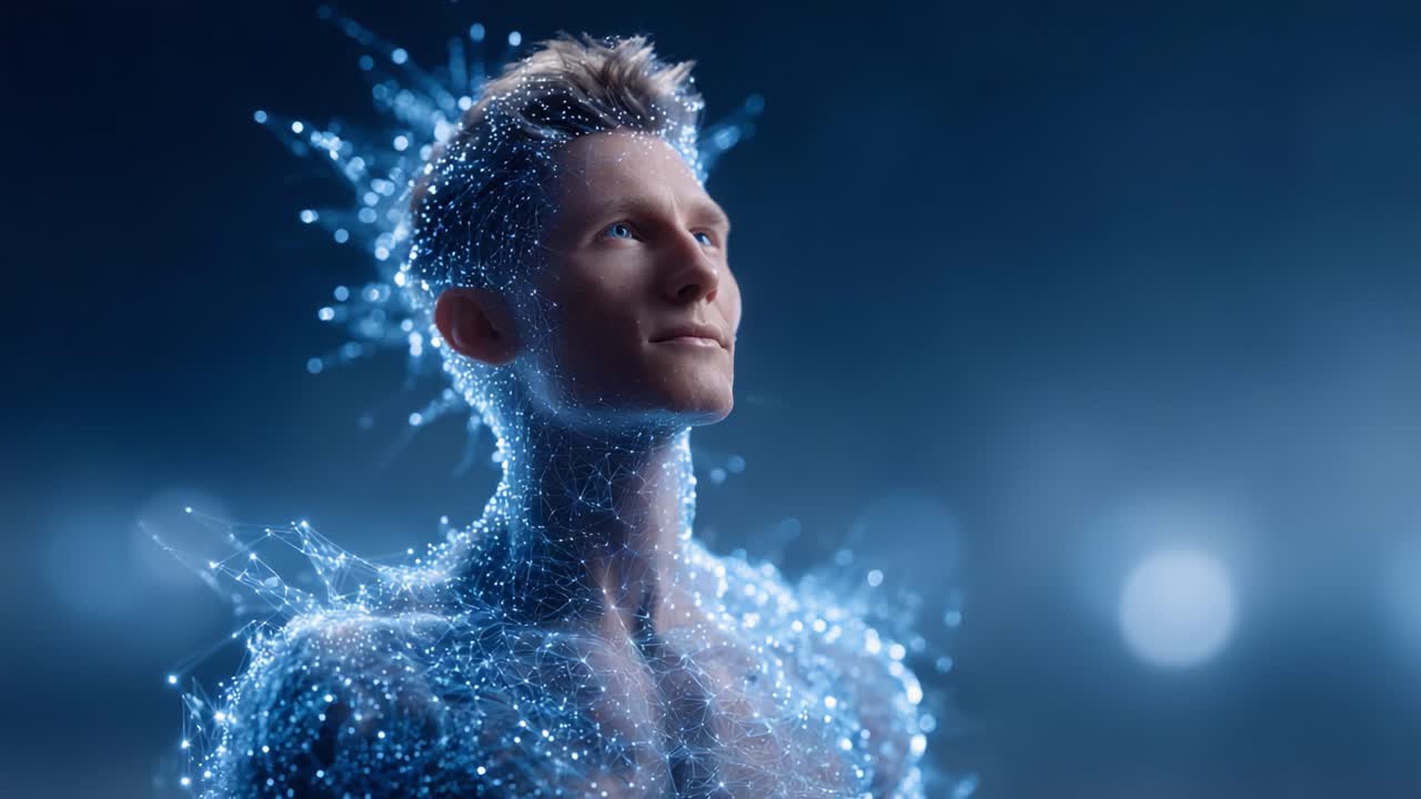 A Captivating Glimpse of a Digital Being: A Man Inspired by the Boundaries Between Reality and Virtuality, Embodying Light and Connection in an Ethereal Environment