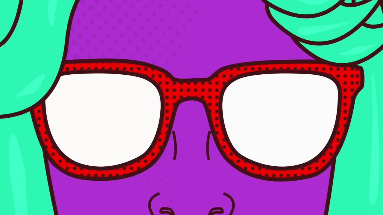 animación de una mujer púrpura de dibujos animados con gafas rojas sobre un fondo amarillo