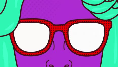 Animación-De-Una-Mujer-Morada-De-Dibujos-Animados-Con-Gafas-Rojas-Sobre-Un-Fondo-Amarillo