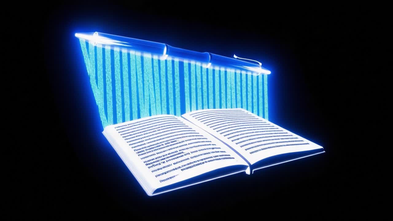 Una penna magica illumina le pagine di un libro fluttuante, proiettando una luce ipnotica mentre le parole trasformano l'aria circostante in uno spettacolo visivo mozzafiato