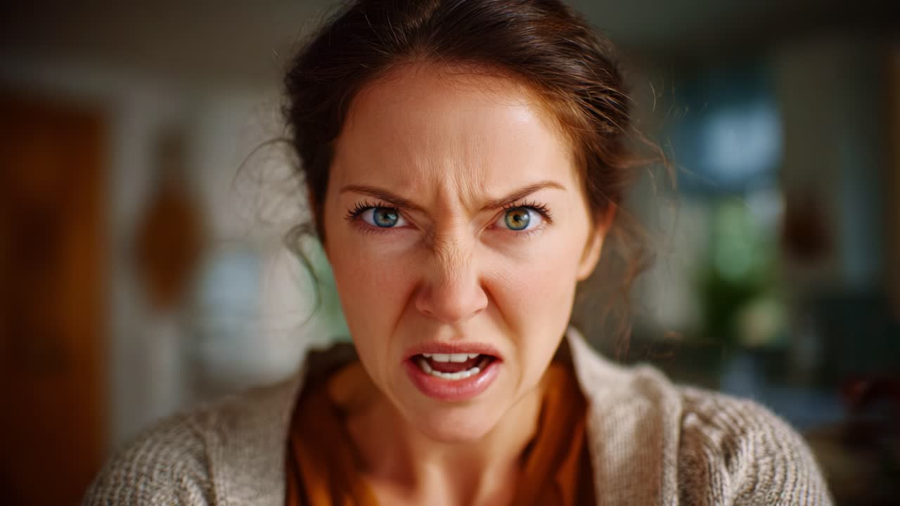A woman displays intense emotions in two frames: from anger and frustration to shock and disbelief, encapsulating a powerful emotional journey