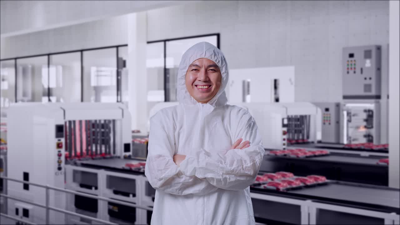 Smiling Factory Worker in a Meat Processing Plant