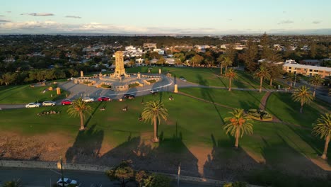 Aerial-view-showing-famous-Fremantle-War-Memorial-on-Monument-Hill-during-sunset-time,-Western-Australia