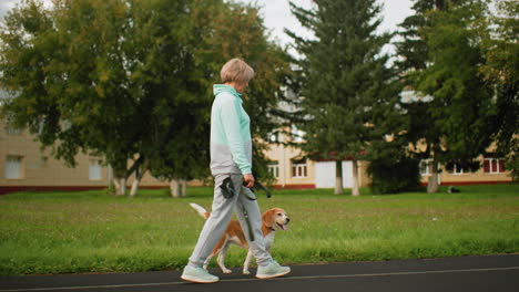elegant woman in sportswear walking down track road holding leather leash tied around neck of her beagle pet on beautiful grassy field with trees in background under clear sky during casual stroll