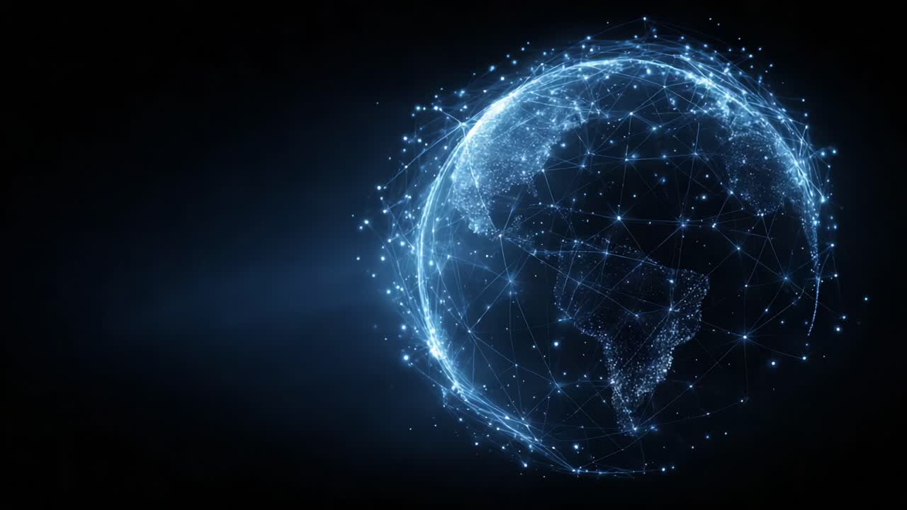 A Digital Representation of Earth Highlighting Global Connectivity and Technology Through Networked Nodes and Illuminated Paths in a Dark Background