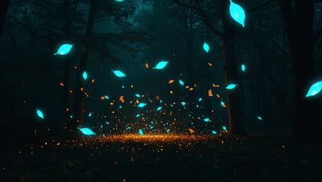 a mysterious forest scene with enchanted leaves and glowing particles, evoking a fantasy atmosphere among dense trees under a twilight sky