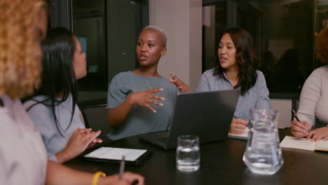 teamwork, night or business women on laptop