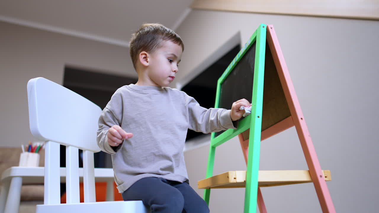 Kid drawing on a bright easel. A young boy is focused on drawing with chalk on an easel in a cozy room, showcasing his creativity and concentration