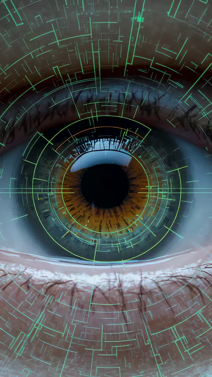 Vertical video: HUD overlay scanning iris pupil closeup, showing ringed cross and glint