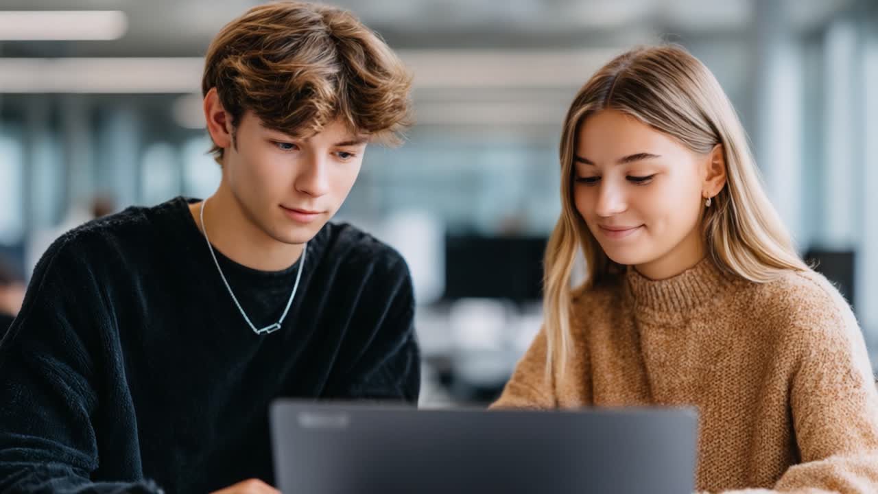 Engaging Collaboration: A Focused Conversation Between Two Students as They Work Together on a Laptop in a Bright, Modern Study Environment