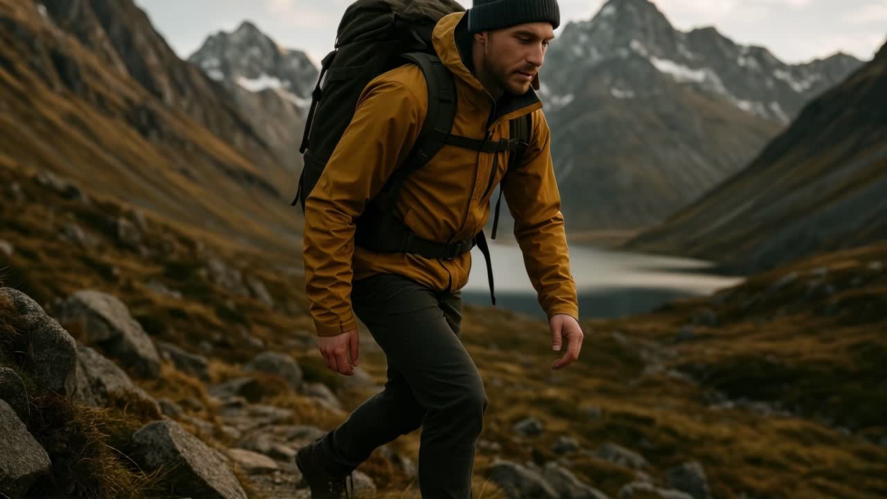 Low-angle shot of a hiker in a yellow jacket, trekking through a mountainous landscape Captures