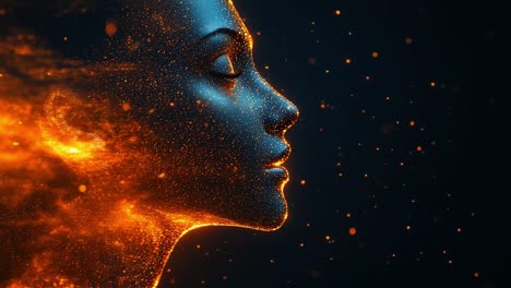 futuristic portrait of a glowing woman. a woman silhouette emerges with glowing particles in a dark setting, creating a vibrant and ethereal effect.