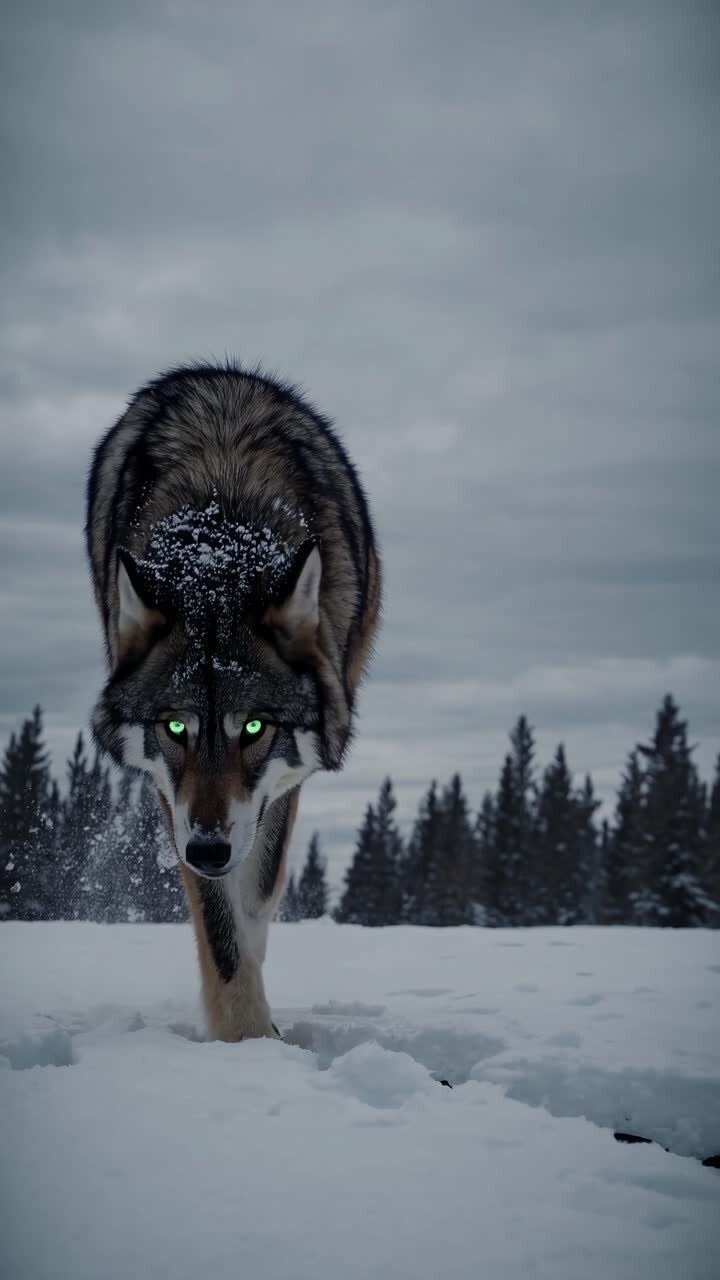 A low-angle shot of a wolf with glowing eyes walking through snow, creating a dramatic and intense