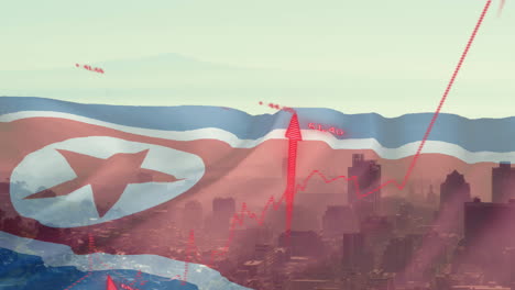 animation of red arrows and flag of north korea over city