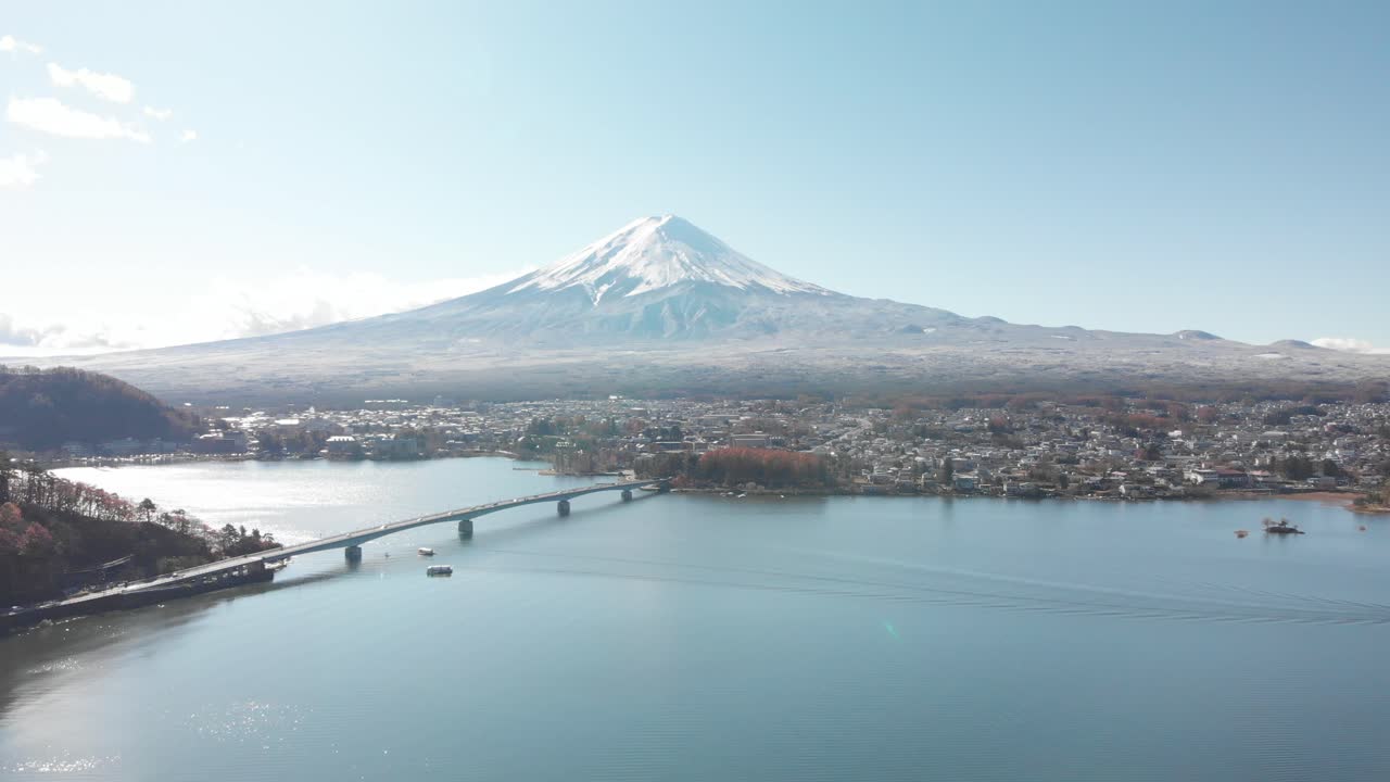 aerial footage of lake kawaguchiko overlooking mt fuji