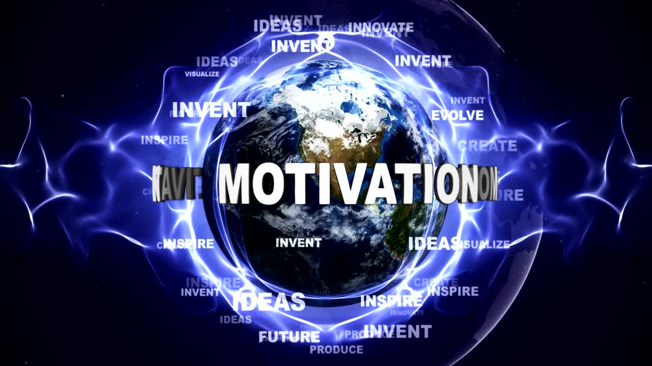 동기 부여 텍스트 애니메이션 및 키워드와 함께 지구, 루프