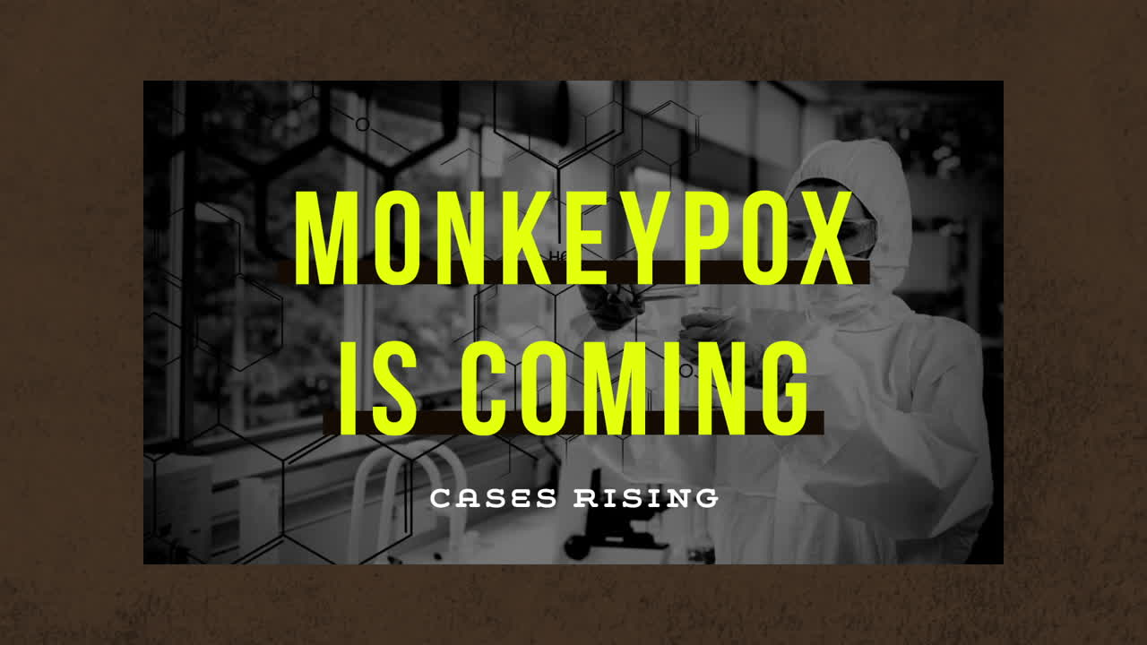 animación de texto de viruela de mono sobre una científica caucásica con máscara facial