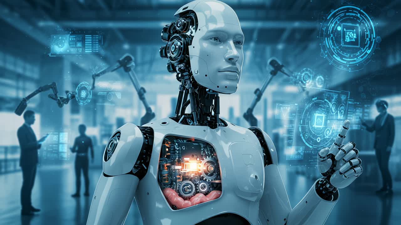 A Futuristic Robot with an Intricate Internal Mechanism Showcasing Advanced Technology and Interactions in a Modern Environment