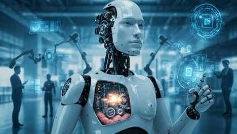 a futuristic robot with an intricate internal mechanism showcasing advanced technology and interactions in a modern environment