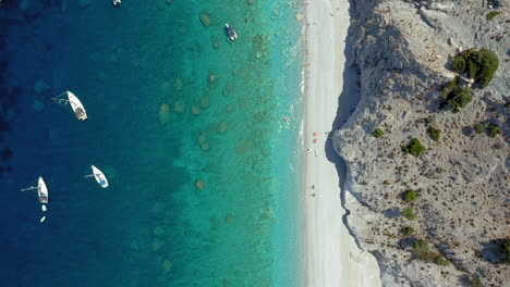 aerial: top down drone shot of lalaria beach in skiathos island, sporades, greece with turquoise water