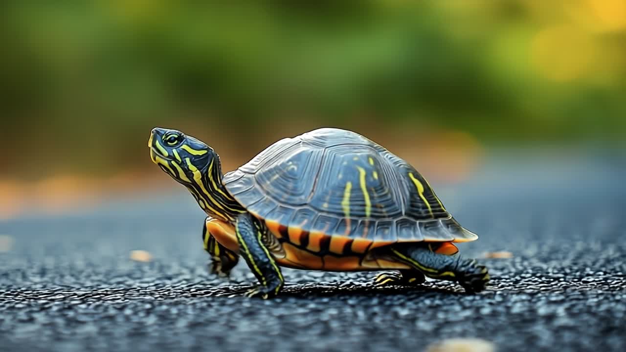 Turtle walking on a pathway in nature. A small turtle with vibrant markings walks slowly across a pathway surrounded by greenery in the morning light.