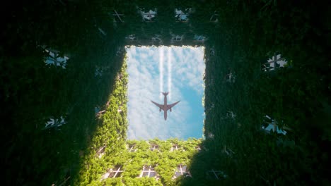 airplane flying over a green urban courtyard