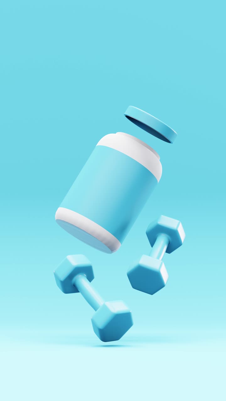 3D barbells with jar of protein powder against blue background
