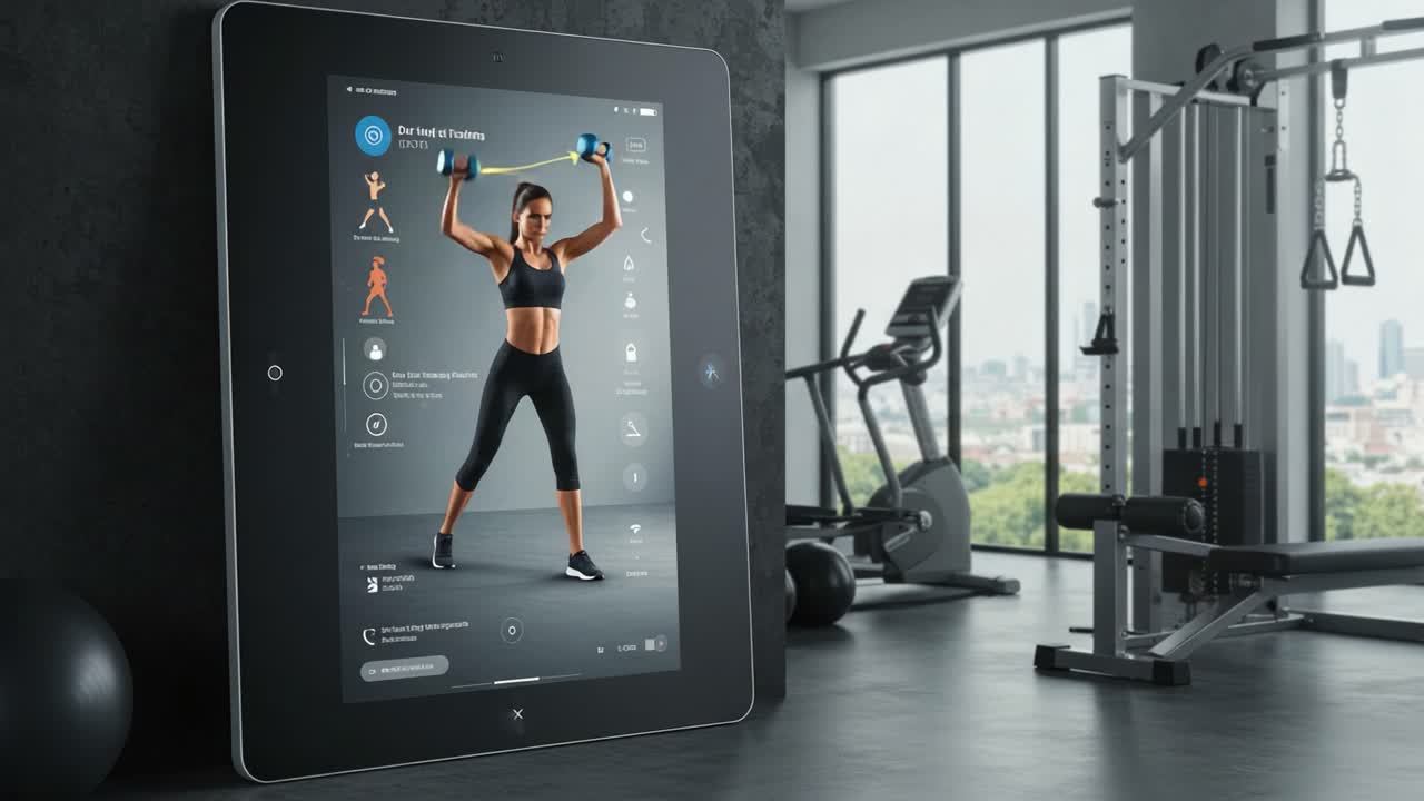 A Fitness Journey: Woman Engaging in Strength Training with Dumbbells, Guided by Interactive Exercise App Displayed on Tablet in Modern Gym Environment