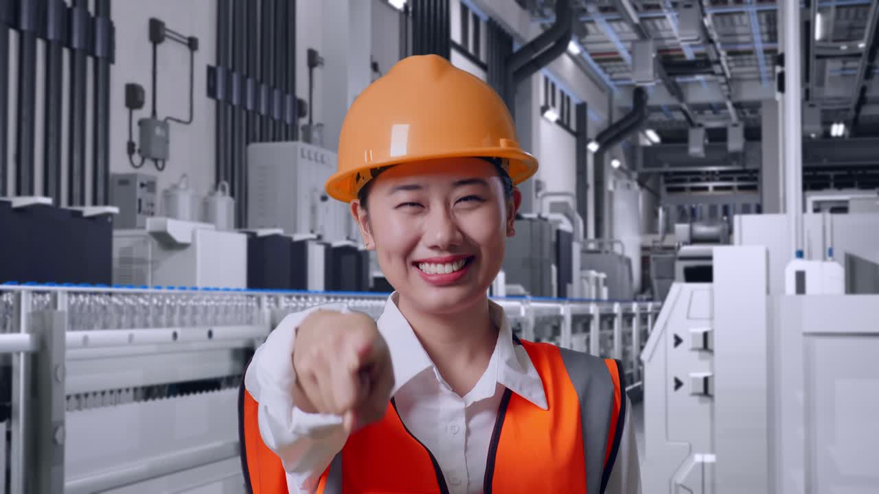 Close Up Of Asian Female Engineer With Safety Helmet Smiling And Touching Her Chest Then Pointing At You With Water Production in Bottling Factory