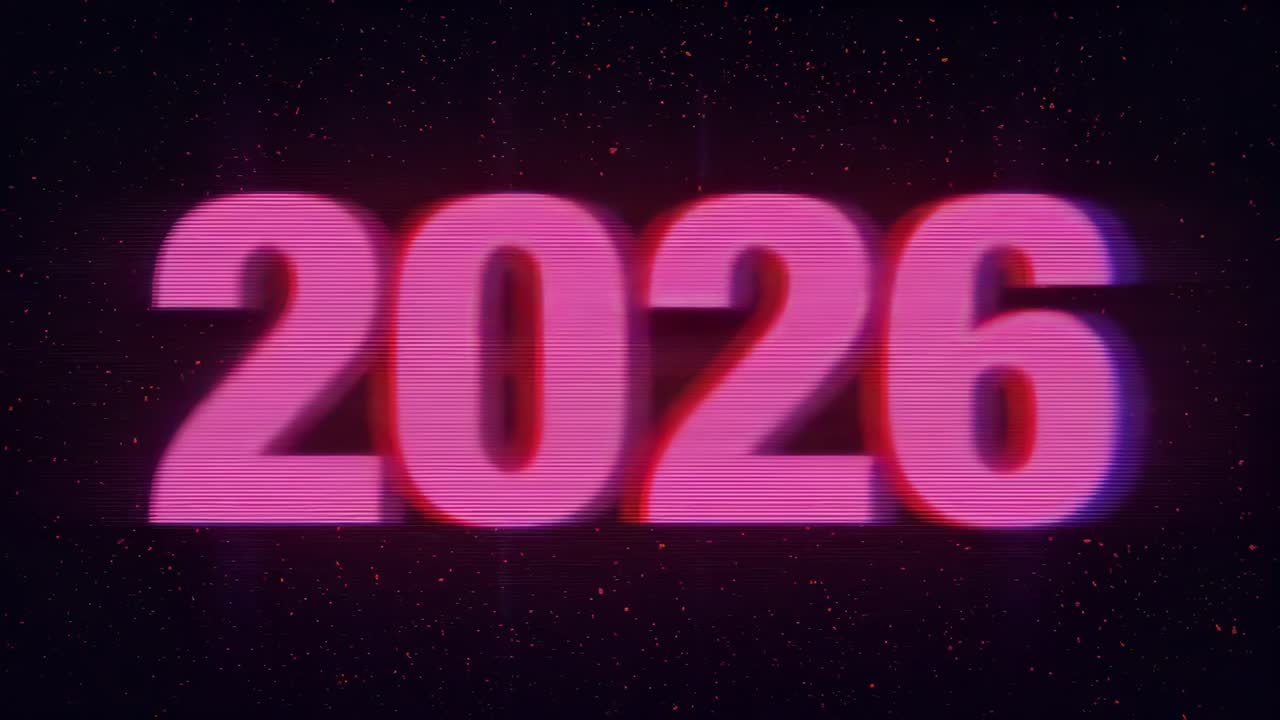 Illuminazione magenta neon 2026, glitch, ripristino e pulsazioni in una città futuristica con raggi blu