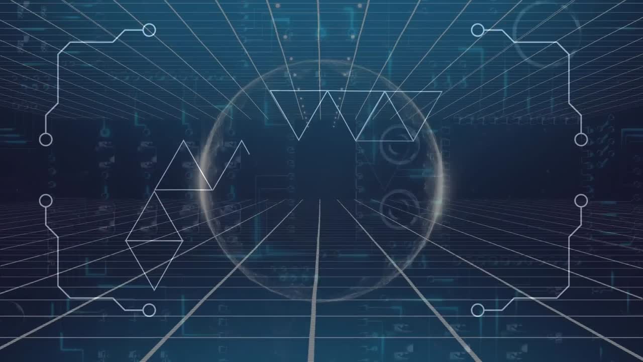 파란색 배경에 데이터 처리를 통해 모양과 원의 애니메이션