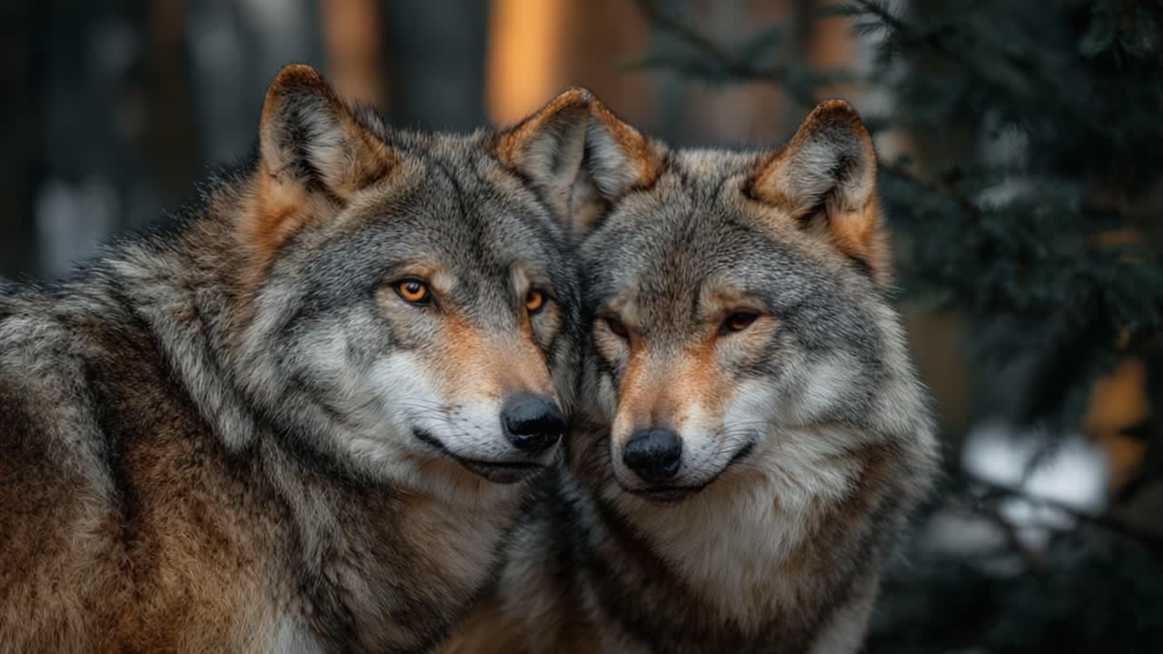A Close Encounter with Two Majestic Wolves Displaying Their Intense Expressions and Unique Features in a Serene Natural Setting, Captured in a Moment of Connection