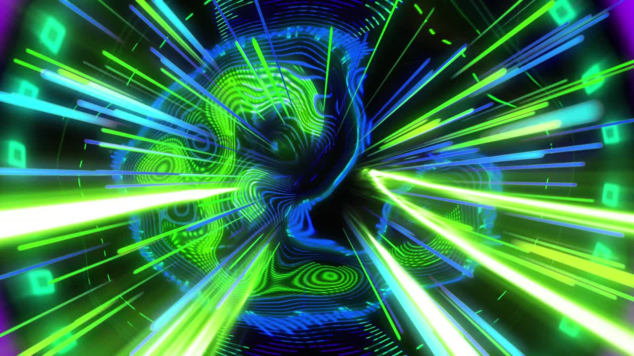 haces de luz verdes y azules disparando sobre luces de datos distorsionadas sobre un fondo negro