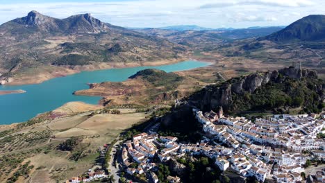 zahara village and landscape - andalucia spain by drone
