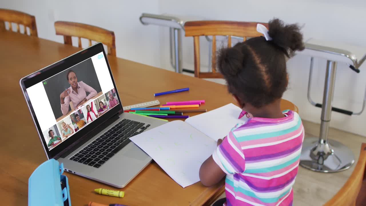 Schoolgirl using laptop for online lesson at home, with diverse teacher and class on screen