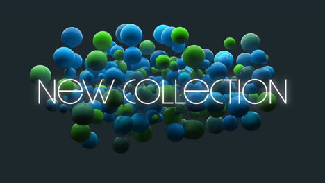 animación de una nueva colección en texto blanco sobre bolas verdes y azules flotando en negro