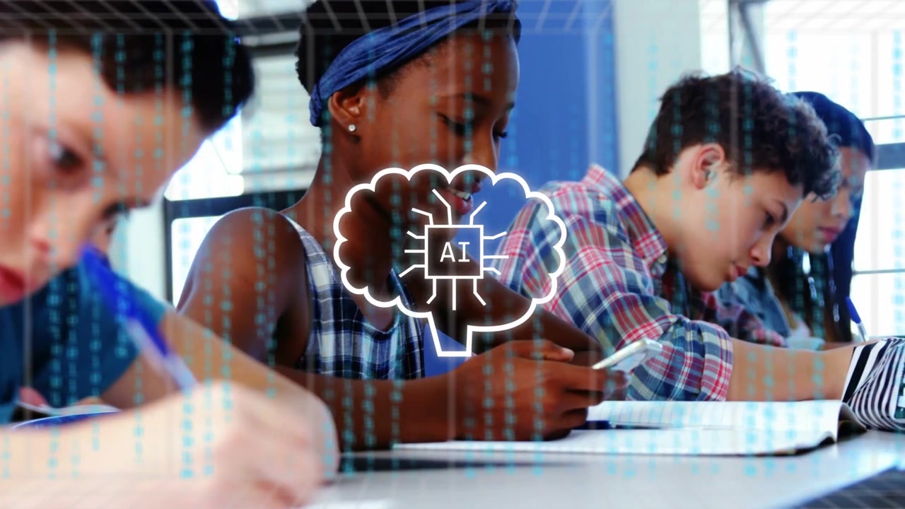 Central teen female tapping smartphone, causing AI cloud, chat UI and matrix supporting education