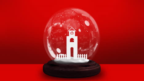animation of snow globe over red background