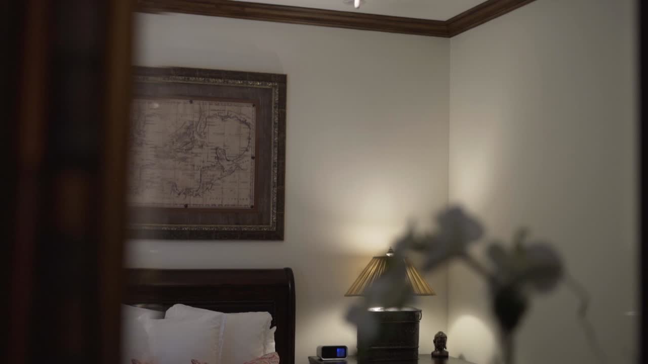 room with orchid bed and painting with antique map and lighted lamp