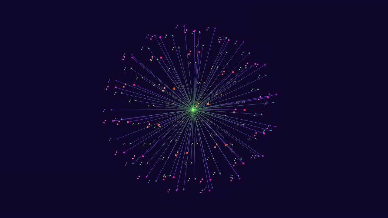 Vibrant fireworks bursting in a circular pattern, bright dots expanding from the center against a dark backdrop, capturing the dynamic essence of a dazzling firework display in a mesmerizing visual