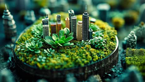 miniature urban landscape surrounded by vibrant greenery in natural setting