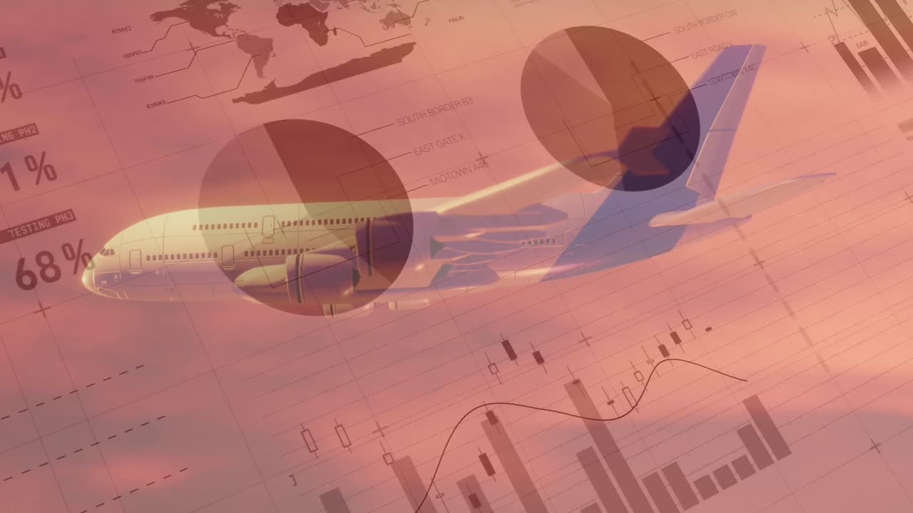 태양이 지는 구름 위에서 지도와 데이터 처리로 비행하는 비행기의 애니메이션.