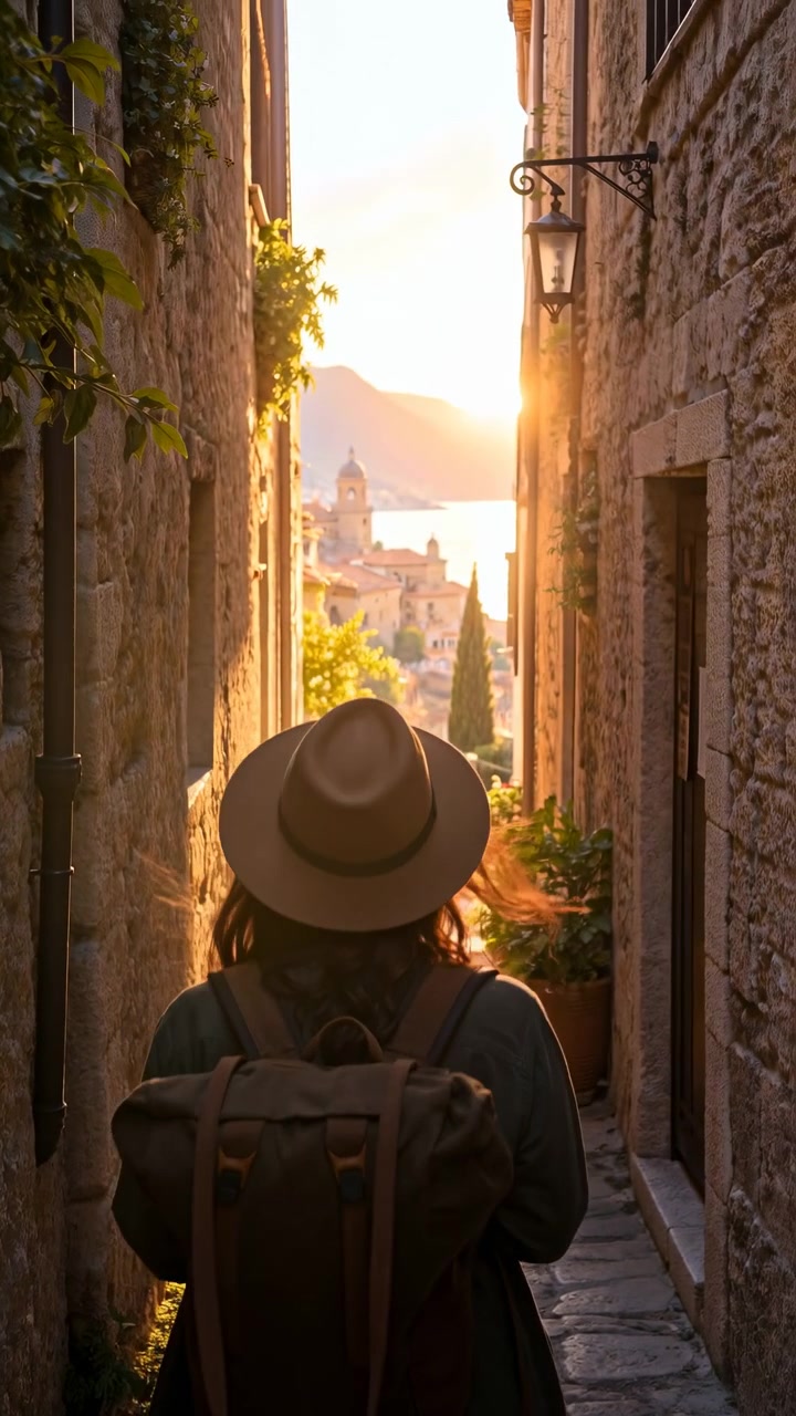 Vista posteriore di un viaggiatore con cappello e zaino che si muove lungo un passaggio acciottolato tra antiche mura di pietra, mentre la luce bassa del sole illumina tetti distanti, acqua, colline e piante