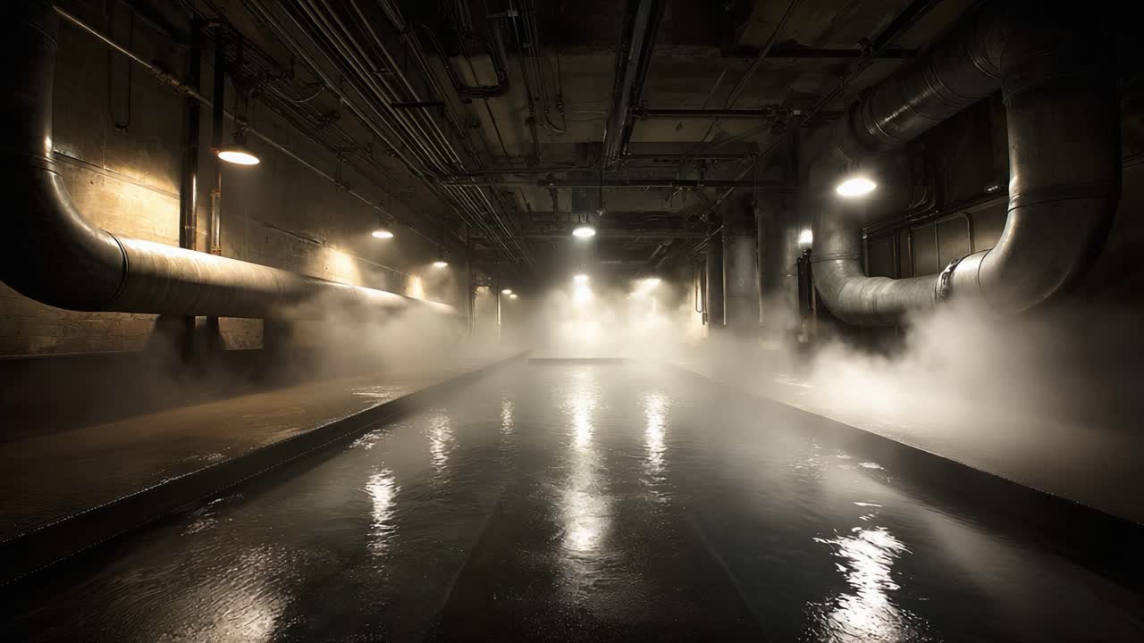 Mysterious Underground Corridor with Steam and Reflections, Showcasing Industrial Design, Lighting Elements, and Wet Surfaces in an Enigmatic Atmosphere