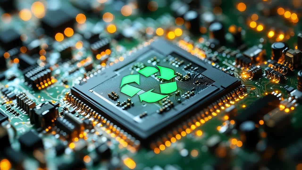 Recycling technology on a circuit board. Bright green recycling symbol is prominently displayed on a circuit board surrounded by intricate electronic components.