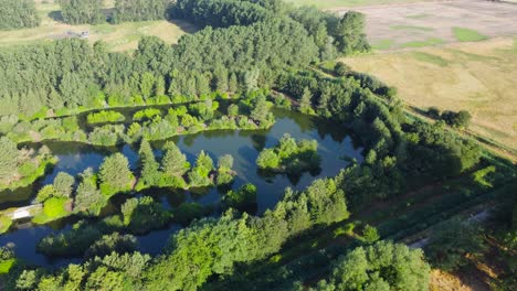 fishing lake in green english countryside surroundings in norfolk, england - aerial drone shot